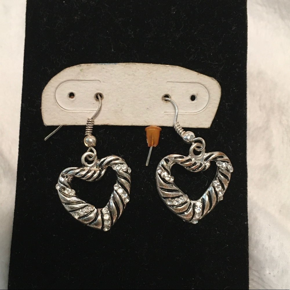 Silver heart earrings with rhinestone accents